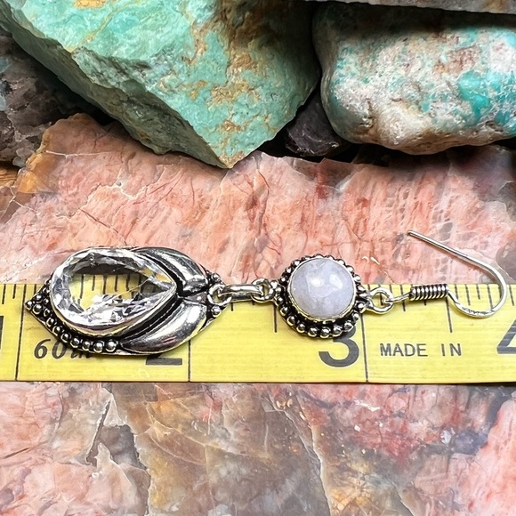 White topaz & rainbow moonstone earrings (Z-6) - Picture 3 of 5